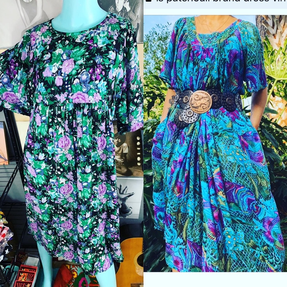 Vintage Floral Maxi Dress in Green, Purple, Black
